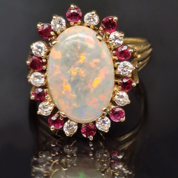 COLORFUL CABOCHON OPAL RUBY AND DIAMOND HALO RING SIZE 9